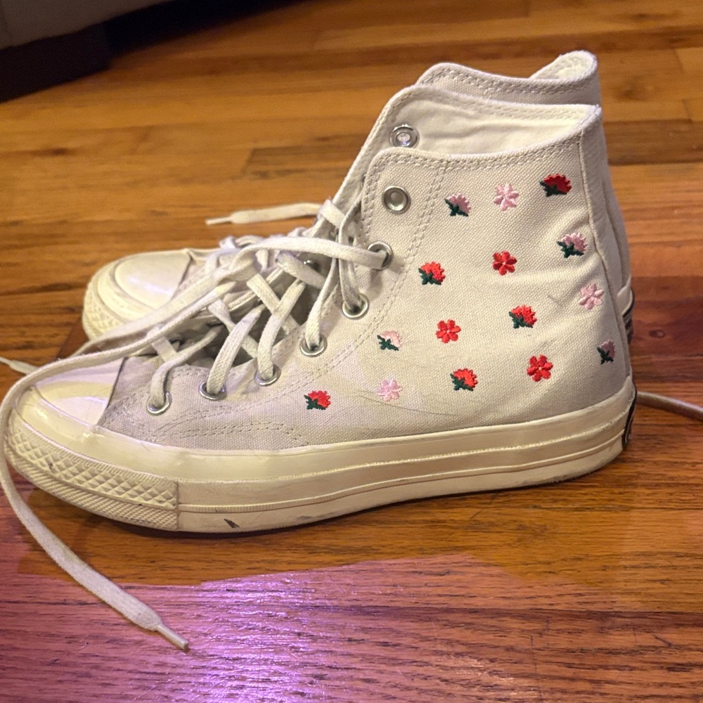 Tan High-Top Converse with Red & Pink Floral Embroidery